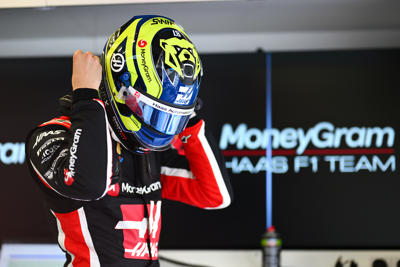 Ollie Bearman puttong on the 2025 helmet with the Eurospares sponsor logo.