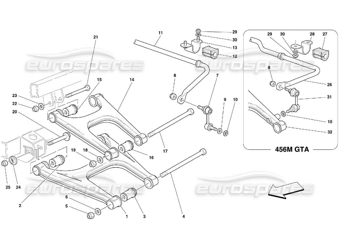 Ferrari 456 M GT/M GTA Suspension arrière - Triangles et barre stabilisatrice Diagramme de pièce