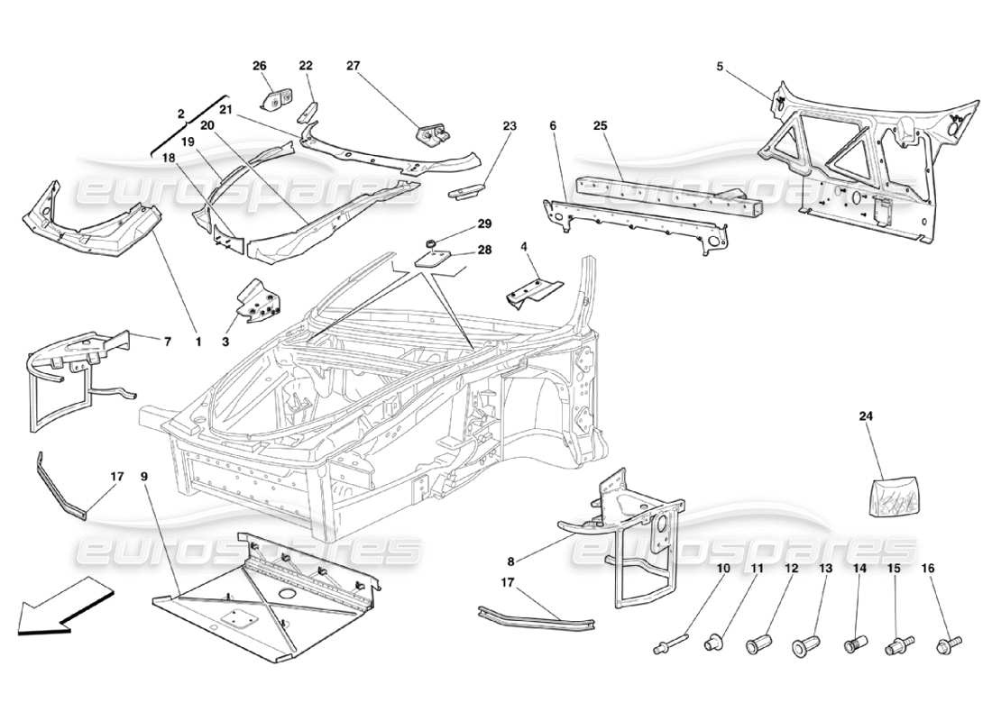 Ferrari 360 Challenge Stradale Châssis - Structures et platines complètes de la partie avant Schéma des pièces