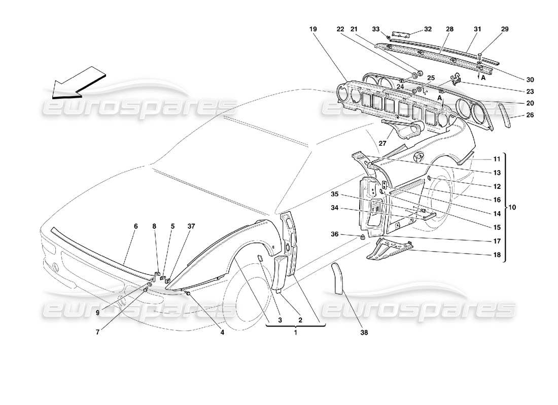 Ferrari 355 (2.7 Motronic) Carrosserie - Garnitures extérieures Schéma des pièces