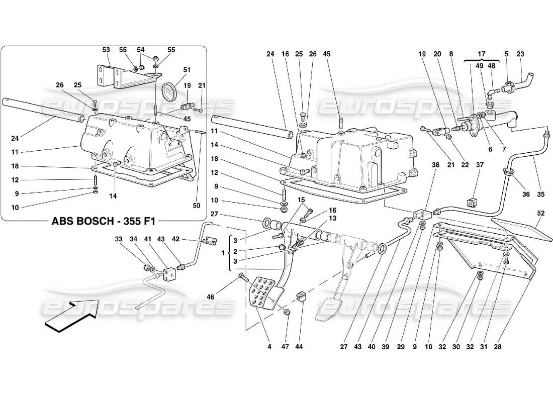 Ferrari 355 (5.2 Motronic) commande de débrayage et support de pédale Schéma des pièces