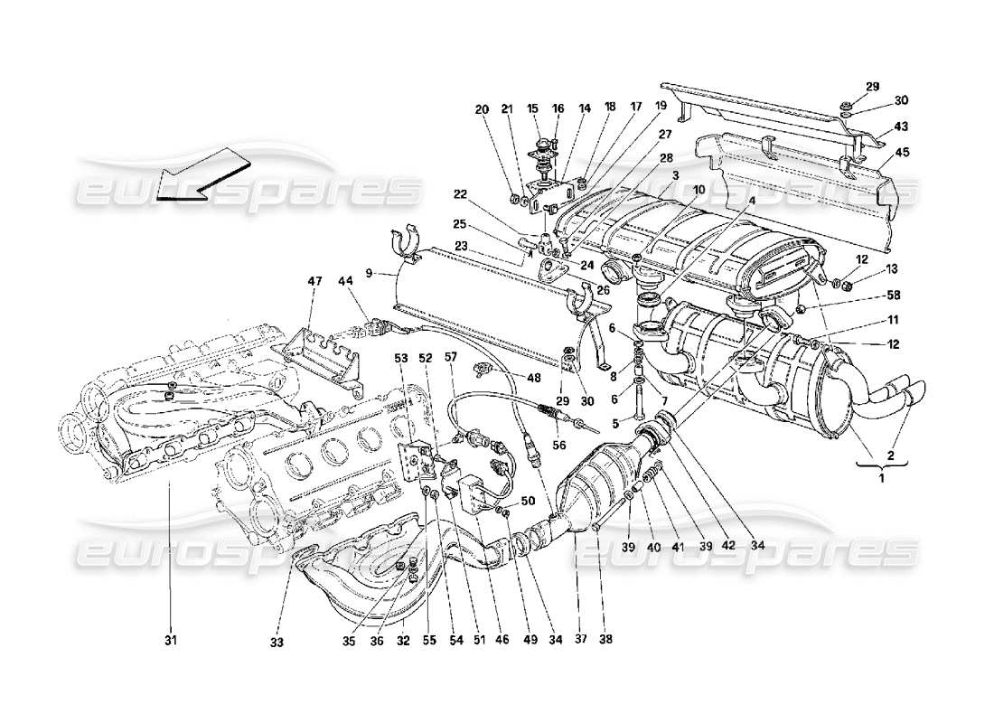 Ferrari 348 (2.7 Motronic) Système d'échappement Schéma des pièces