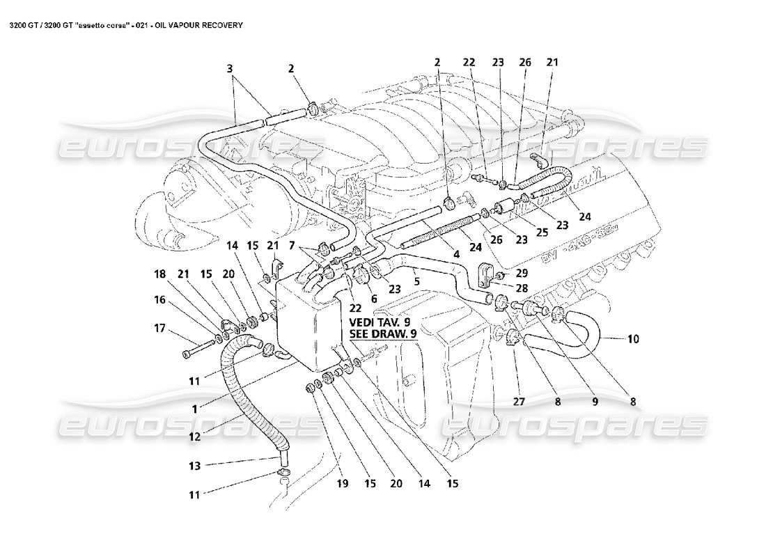 Maserati 3200 GT/GTA/Assetto Corsa Récupération des vapeurs d'huile Schéma des pièces