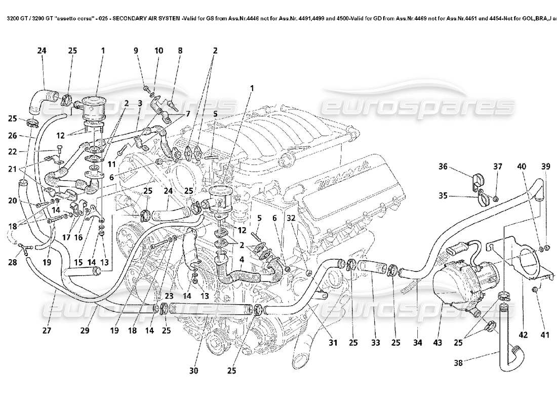 Maserati 3200 GT/GTA/Assetto Corsa Système d'air secondaire - Valable pour GS à partir de Ass.Nr.4446 Pas pour Ass.Nr. 4491,4499 et 4500-Valid pour GD De 4469 Pas pour Ass.Nr.4451 et 4454-Not pour Gol, Bra, J et Aus- Part Diagram