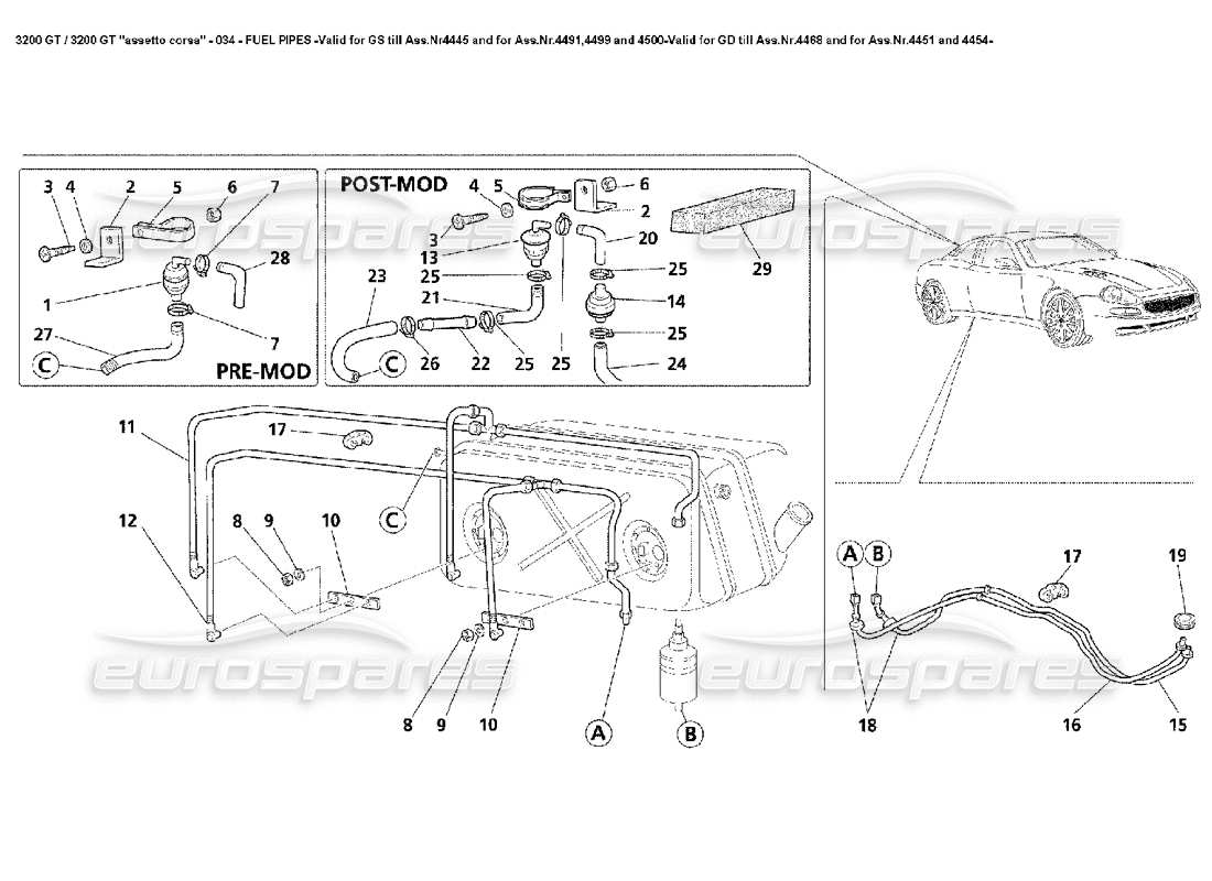Maserati 3200 GT/GTA/Assetto Corsa Tuyaux de carburant - Valide pour GS Till Ass.Nr4445 et pour Ass.Nr.4491,4499 et 4500-Valid pour GD Till Ass.Nr.4468 et pour 4451 et 4454- Diagramme de pièce