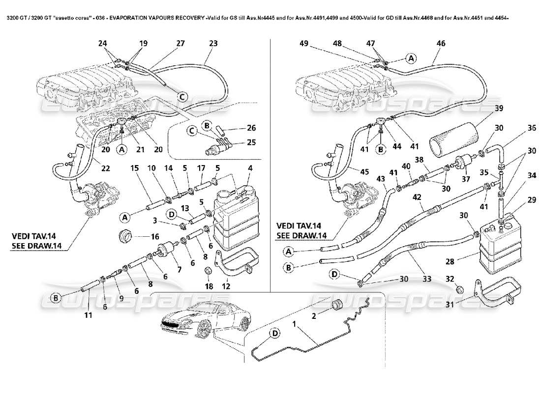 Maserati 3200 GT/GTA/Assetto Corsa Récupération de vapeur -Valable pour GS Till Ass.Nr4445 et pour Ass.Nr.4491,4499 et 4500-Valid pour GD Till Ass.Nr.4468 et pour Ass.Nr. .4451 et 4454- Diagramme de pièce