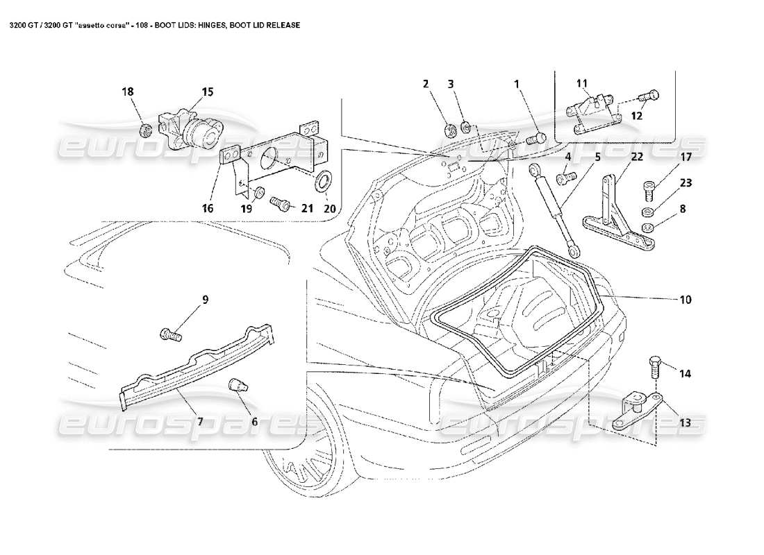 Maserati 3200 GT/GTA/Assetto Corsa Couvercle de coffre : charnières, déverrouillage du couvercle de coffre Diagramme de pièce