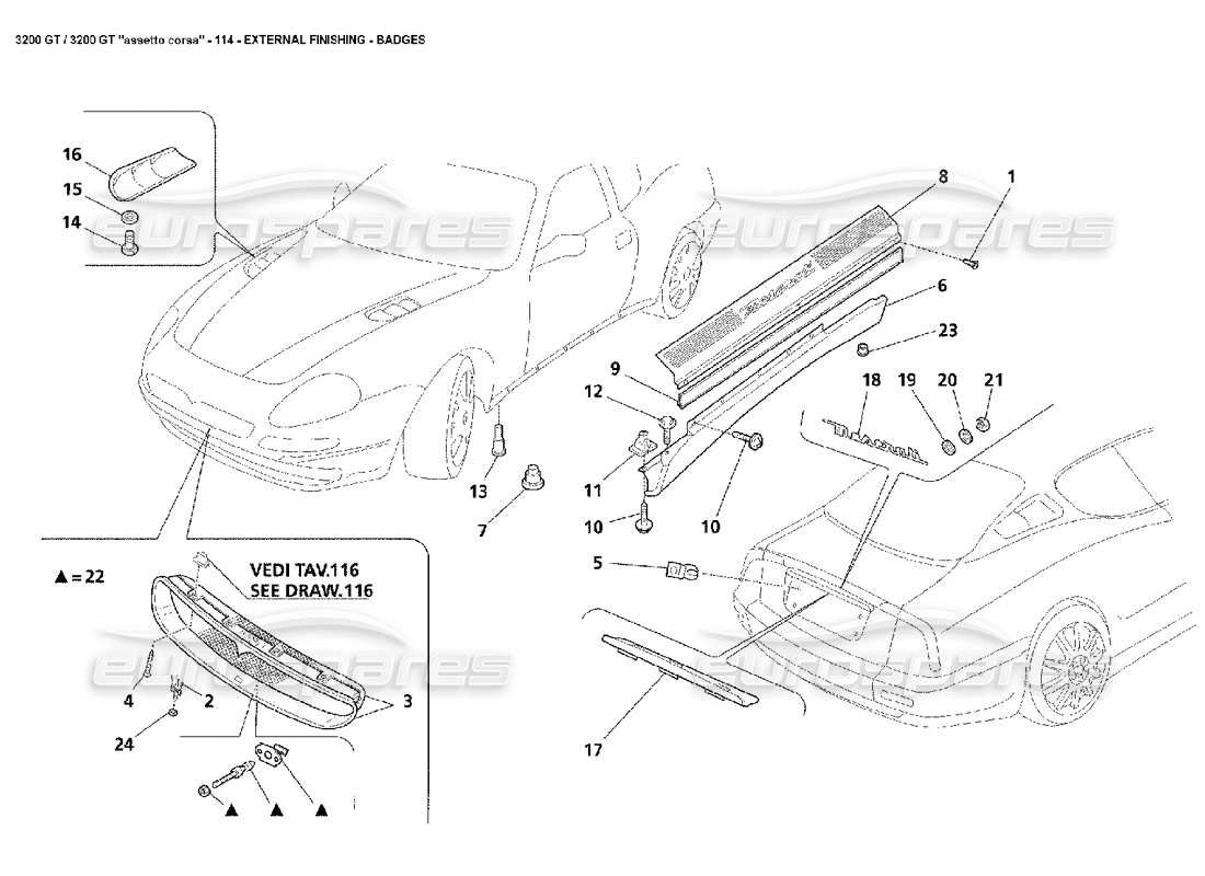 Maserati 3200 GT/GTA/Assetto Corsa Finition extérieure : Insignes Diagramme de pièce