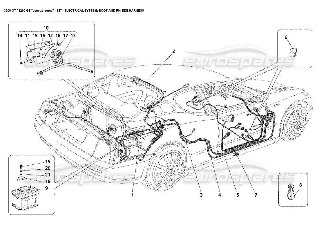 Maserati 3200 GT/GTA/Assetto Corsa Electrical: Boot & RH Side Harness Diagramme de pièce