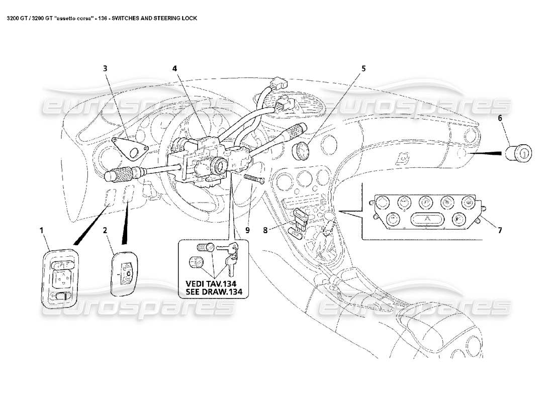 Maserati 3200 GT/GTA/Assetto Corsa Switches & Steering Lock Schéma des pièces