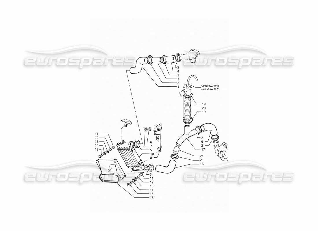 Maserati Ghibli 2.8 (ABS) Schéma des pièces latérales droites des tuyaux de l'échangeur de chaleur