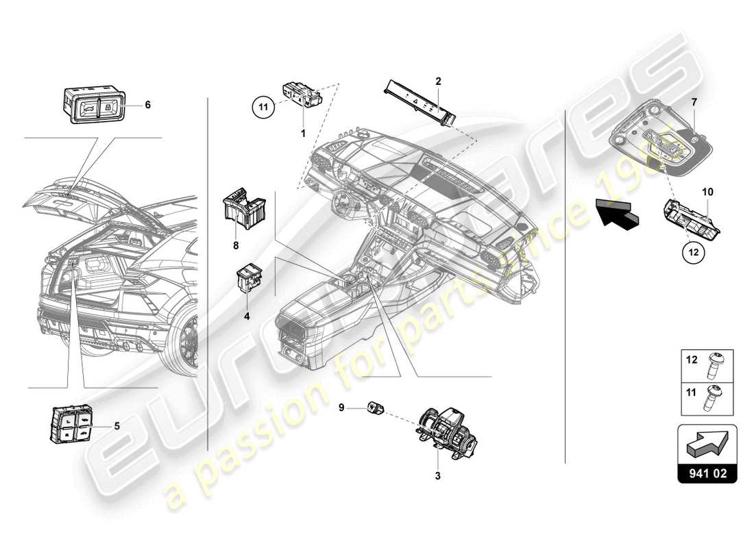 Lamborghini Urus (2021) PANNEAU DE COMMANDE AVEC BOUTONS POUSSOIRS Diagramme de pièce