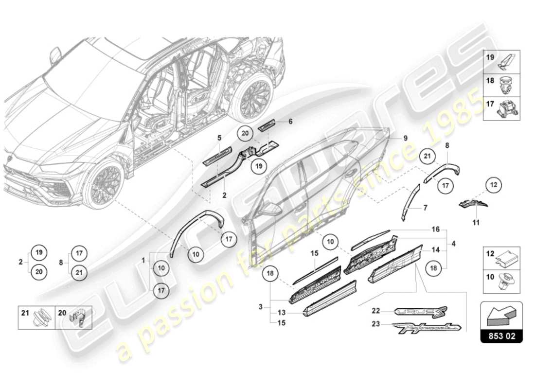 Lamborghini Urus (2019) BANDE DE GARNITURE DE SEUIL Diagramme de pièce