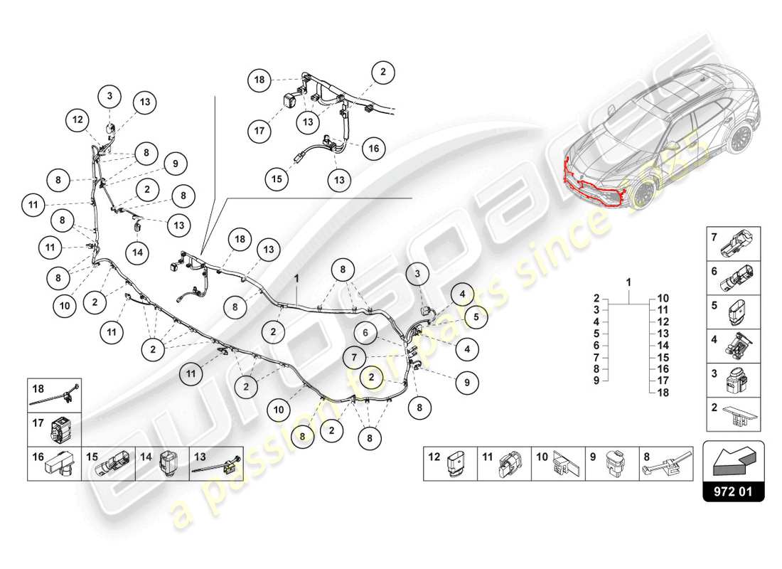 Lamborghini Urus (2019) JEU DE CABLAGE POUR PARE-CHOC AVANT Diagramme de pièce