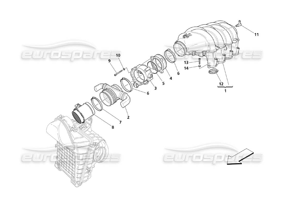 Maserati QTP. (2003) 4.2 Collecteur d'admission d'air et support d'accélérateur Diagramme de pièce