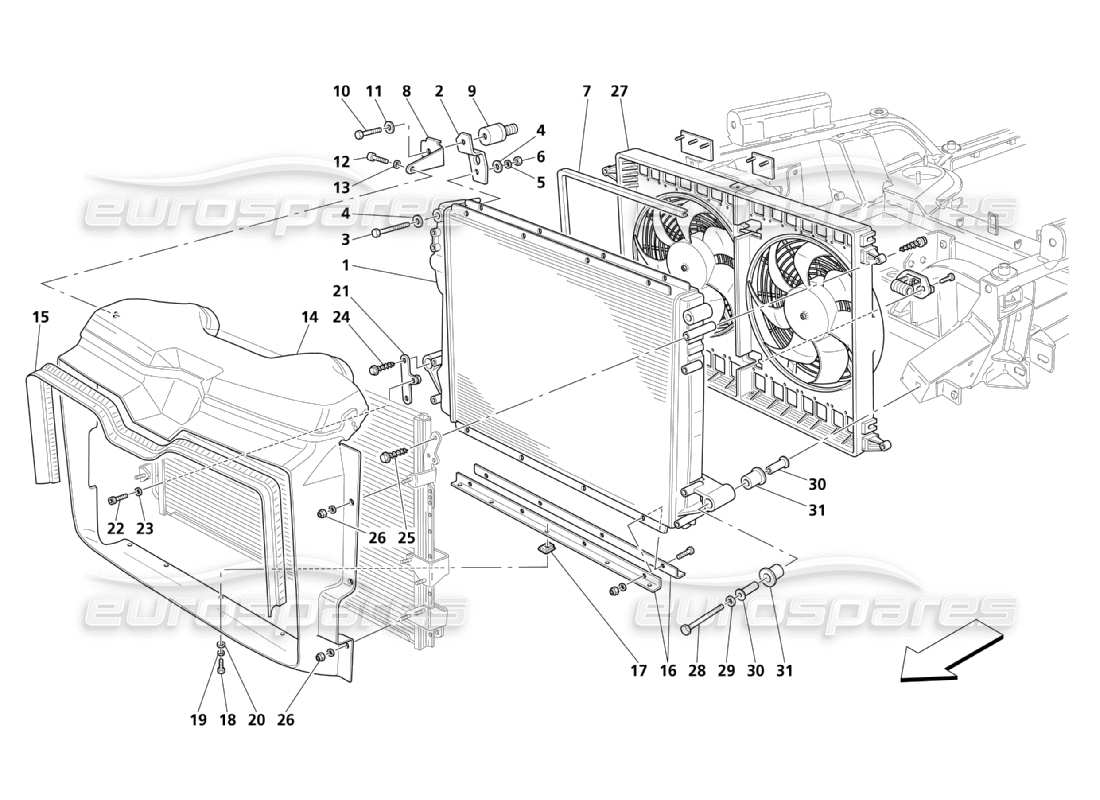 Maserati QTP. (2003) 4.2 Système de refroidissement : radiateurs et convoyeurs d’air Diagramme de pièce