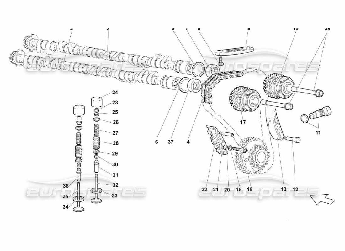 Lamborghini Murcielago LP670 Système de distribution de tête gauche Diagramme de pièce