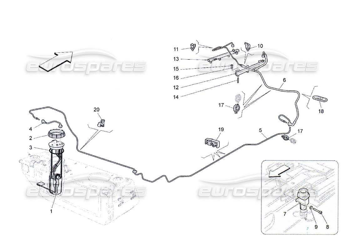 Maserati QTP. (2010) 4.2 pompes à carburant et conduites de connexion Diagramme de pièce