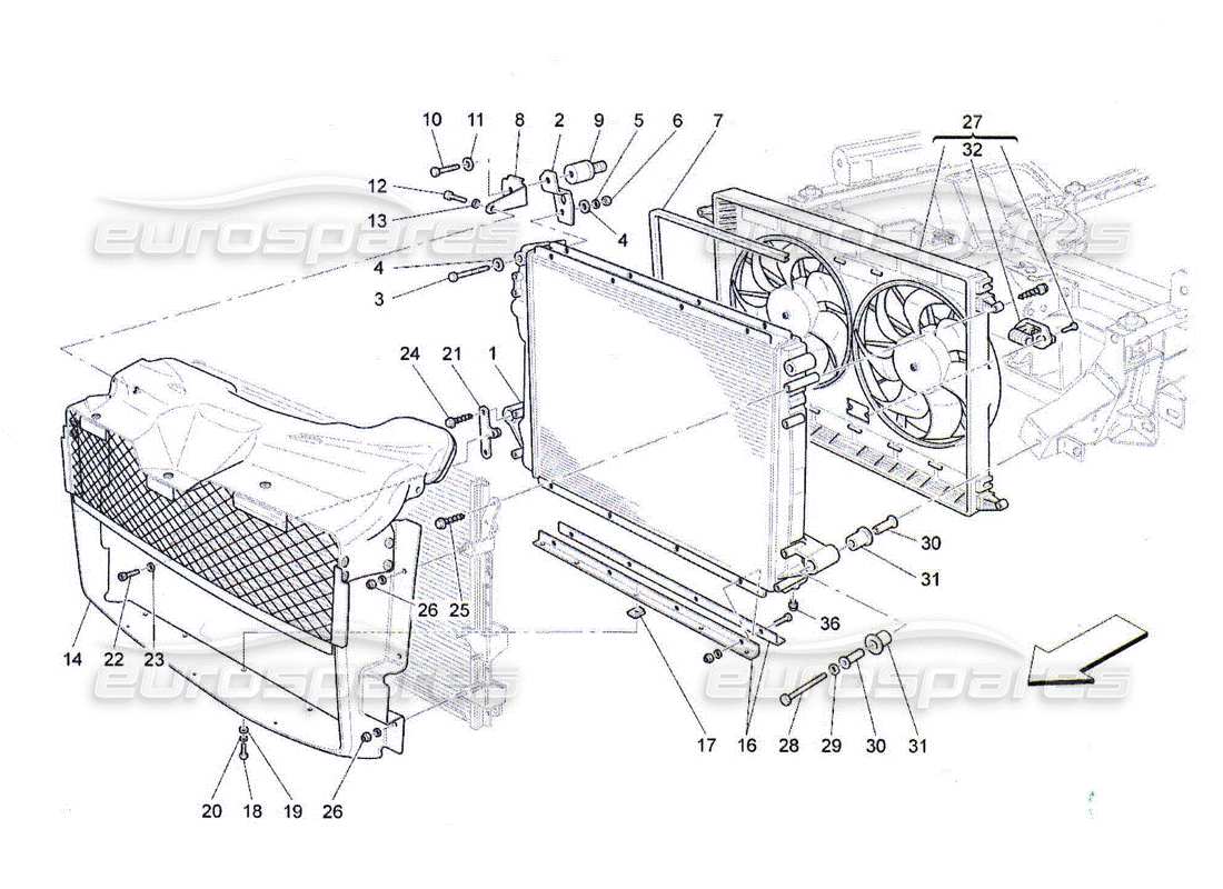 Maserati QTP. (2010) 4.2 refroidissement : radiateurs et conduits d'air Diagramme de pièce
