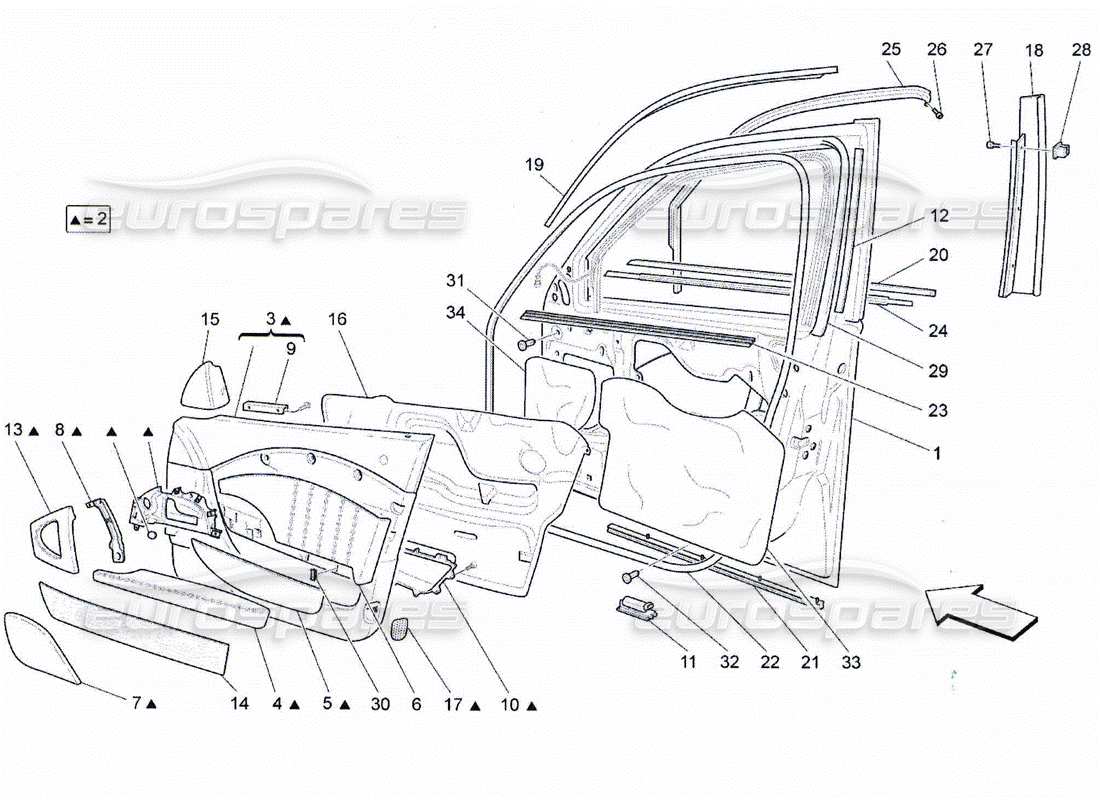 Maserati QTP. (2010) 4.2 portes avant : panneaux de garniture Schéma des pièces