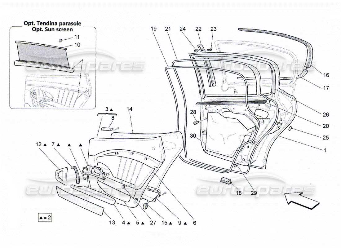 Maserati QTP. (2010) 4.2 portes arrière : panneaux de garniture Diagramme de pièce