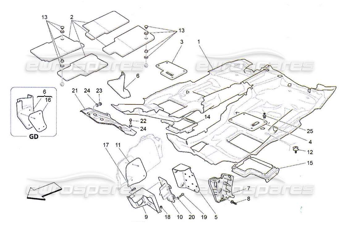 Maserati QTP. (2010) 4.2 tapis d'habitacle Schéma des pièces