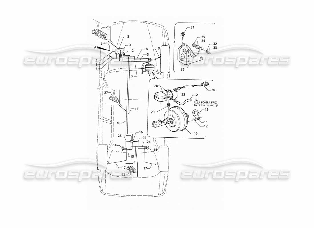 Maserati QTP V8 (1998) Schéma des pièces des conduites de frein hydrauliques ABS (RHD)