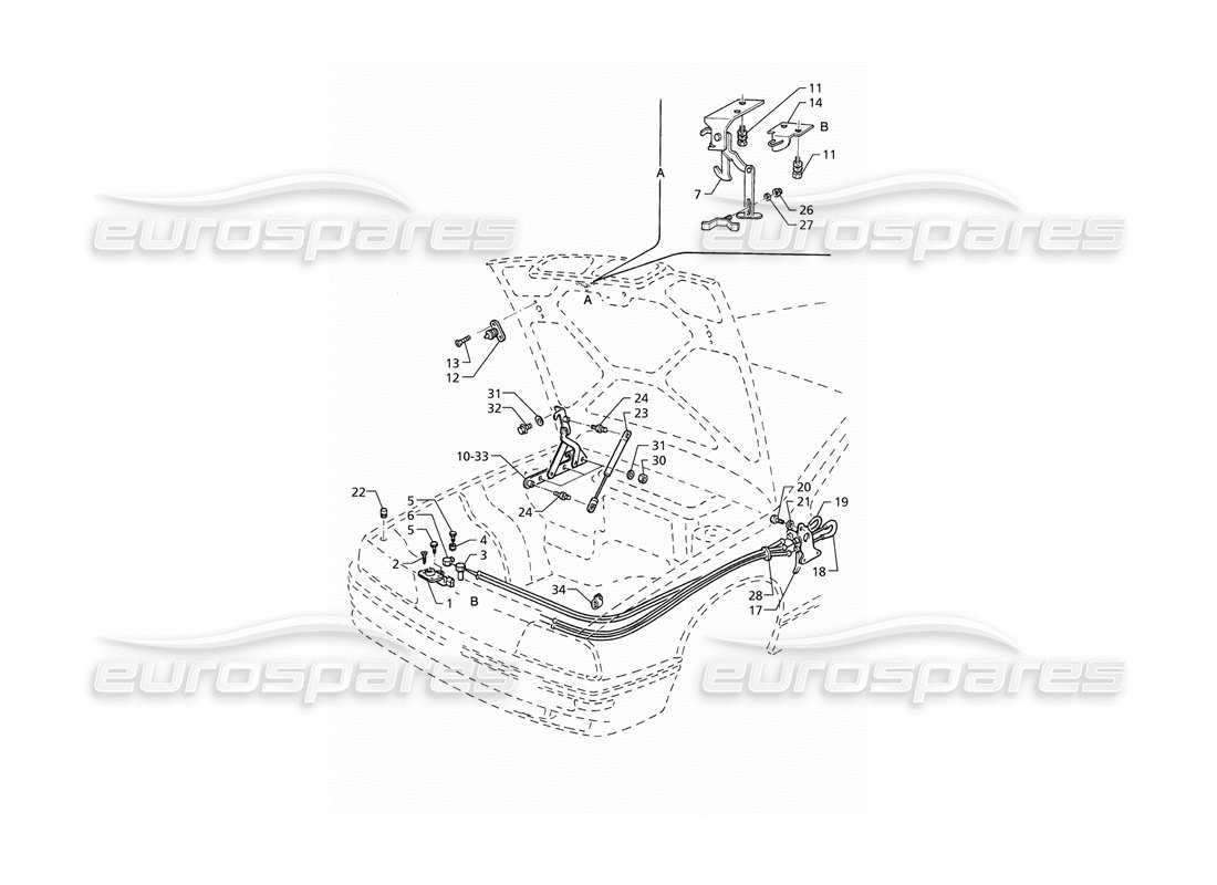 Maserati QTP V8 (1998) Capot : Charnières et déverrouillage du capot Diagramme de pièce