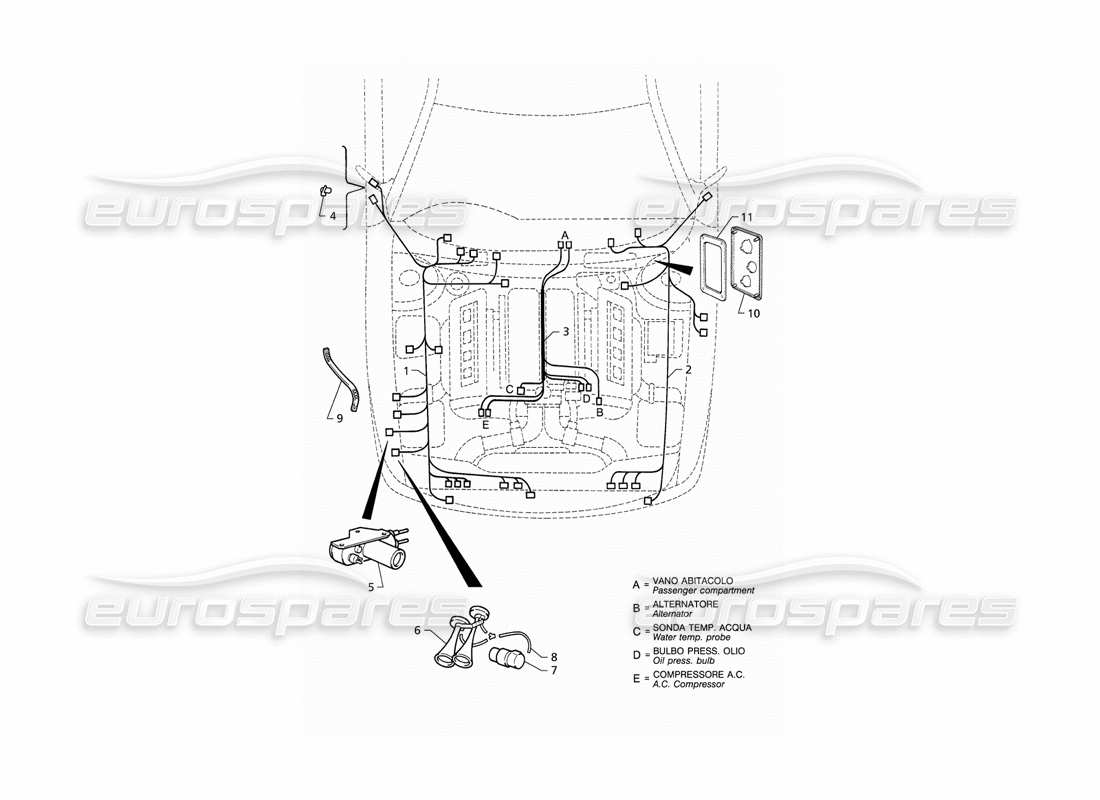 Maserati QTP V8 (1998) Système électrique : diagramme de pièces du compartiment moteur (RHD)
