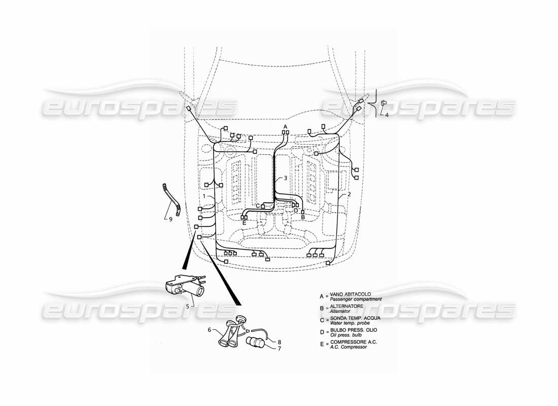 Maserati QTP V8 (1998) Système électrique : Schéma des pièces du compartiment moteur (LHD)