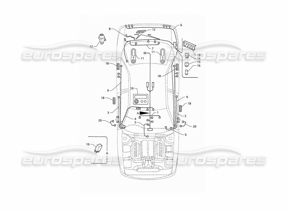 Maserati QTP V8 (1998) Système électrique : Schéma des pièces du coffre, des portes et du compartiment passager (RHD)