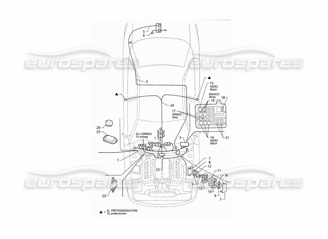 Maserati QTP V8 (1998) Système électrique : diagramme de pièces du tableau de bord et de la batterie (RHD)