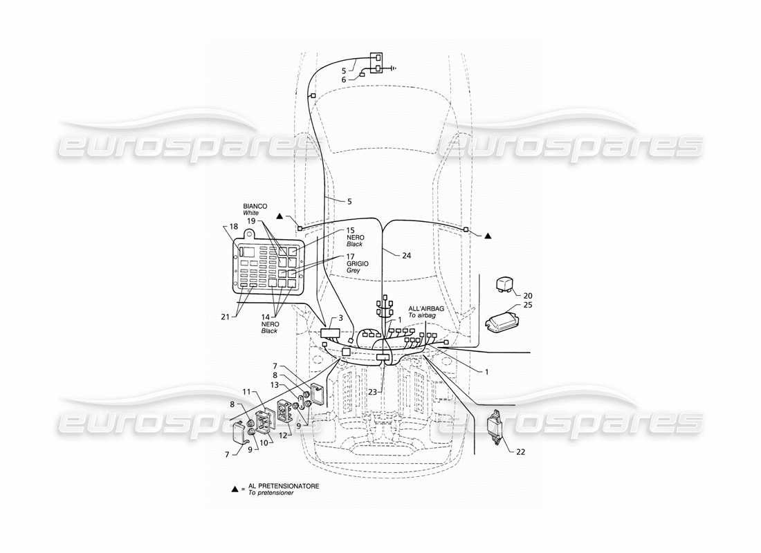 Maserati QTP V8 (1998) Système électrique : diagramme de pièces du tableau de bord et de la batterie (LHD)