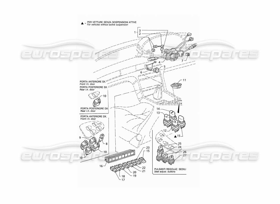Maserati QTP V8 (1998) Schéma des pièces des commutateurs et du verrouillage de direction (RHD)