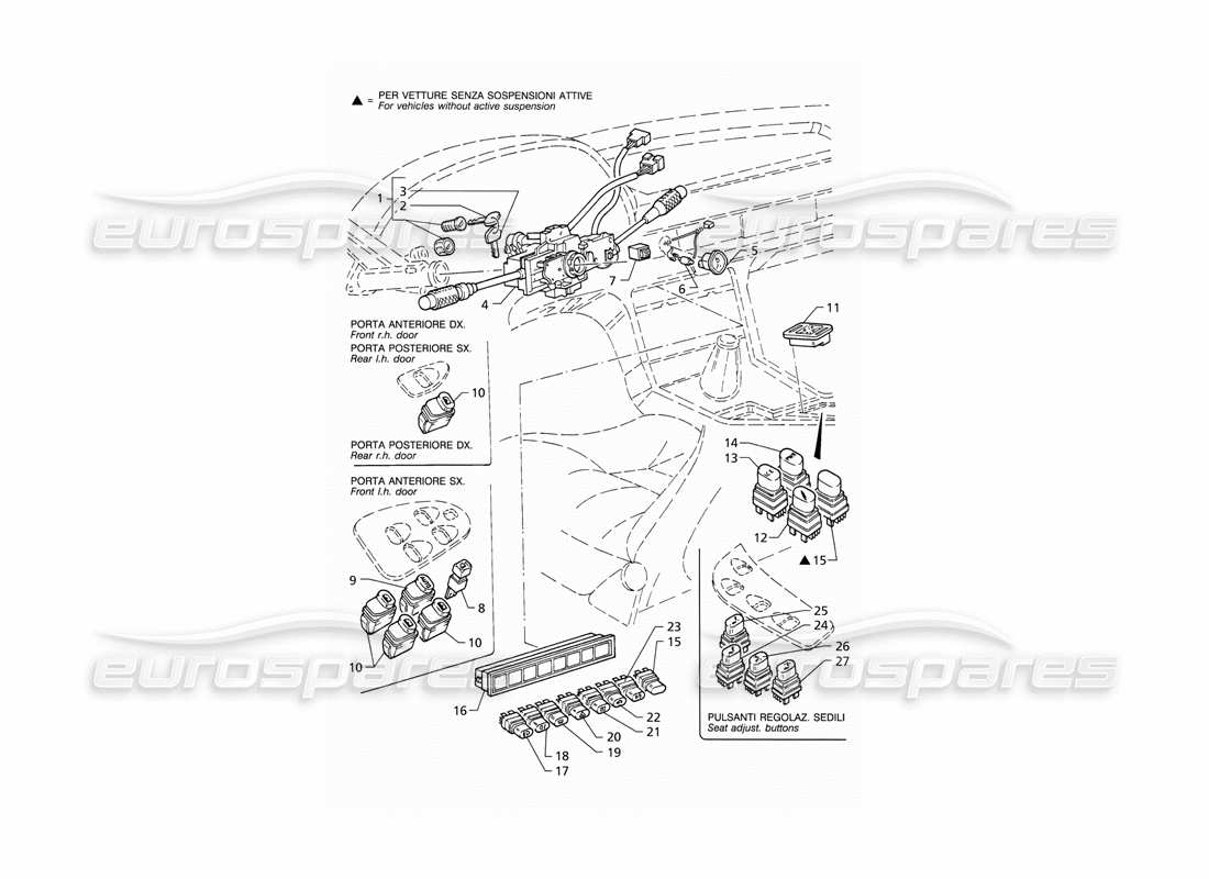 Maserati QTP V8 (1998) Schéma des pièces des commutateurs et du verrouillage de direction (LHD)