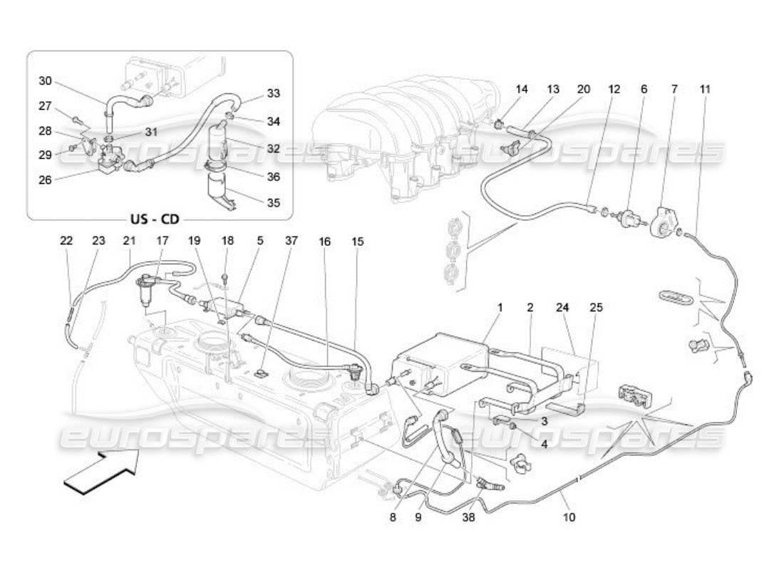 Maserati QTP. (2005) 4.2 système de recirculation des vapeurs de carburant Schéma des pièces
