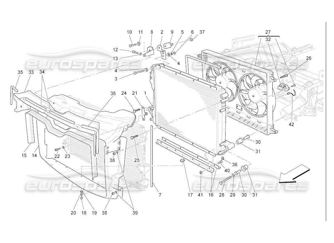 Maserati QTP. (2007) 4.2 auto refroidissement : radiateurs et conduits d'air Diagramme de pièce
