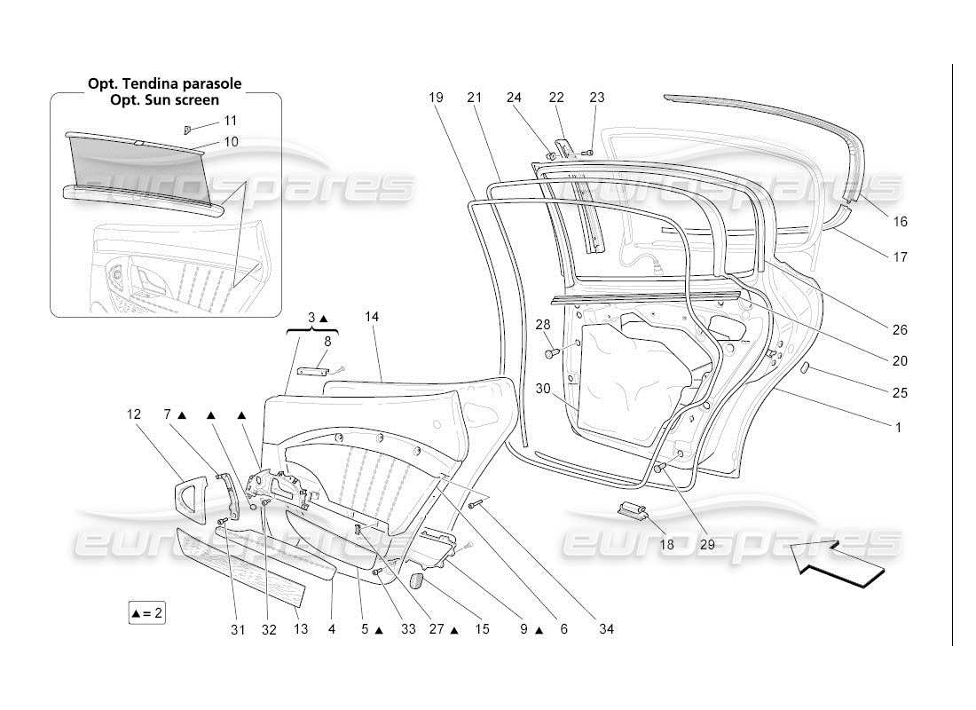 Maserati QTP. (2007) 4.2 auto portes arrière : panneaux de garniture Diagramme de pièce