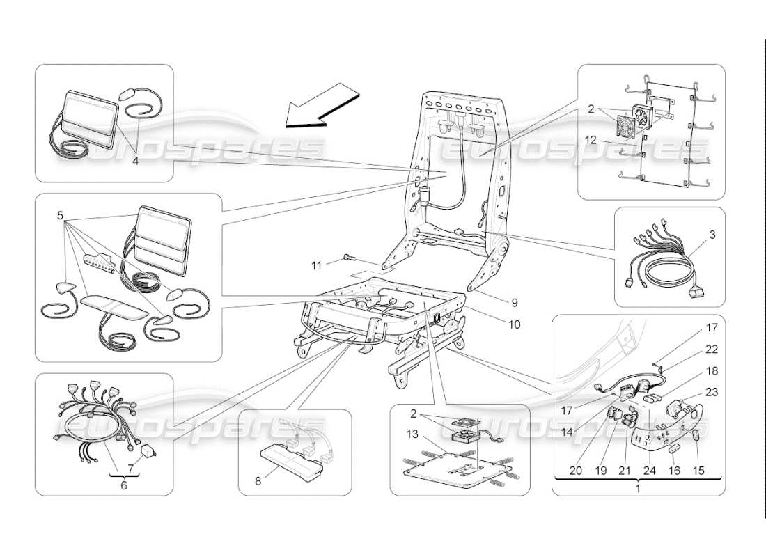 Maserati QTP. (2008) 4.2 auto sièges avant : mécanique et électronique Diagramme de pièce