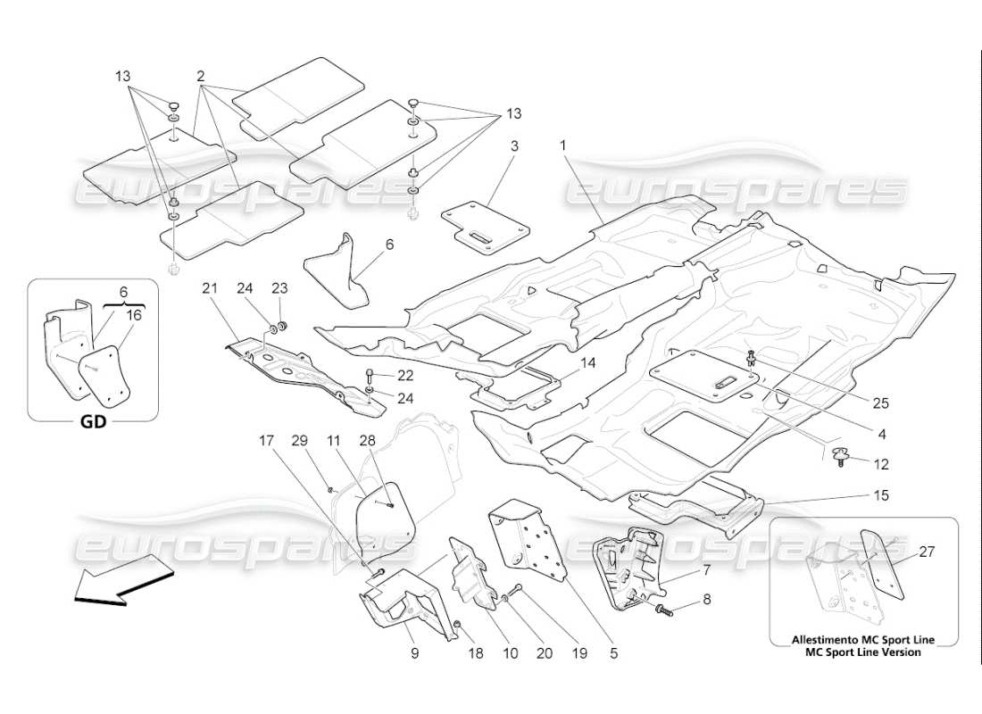 Maserati QTP. (2008) 4.2 auto tapis d'habitacle Diagramme de pièce