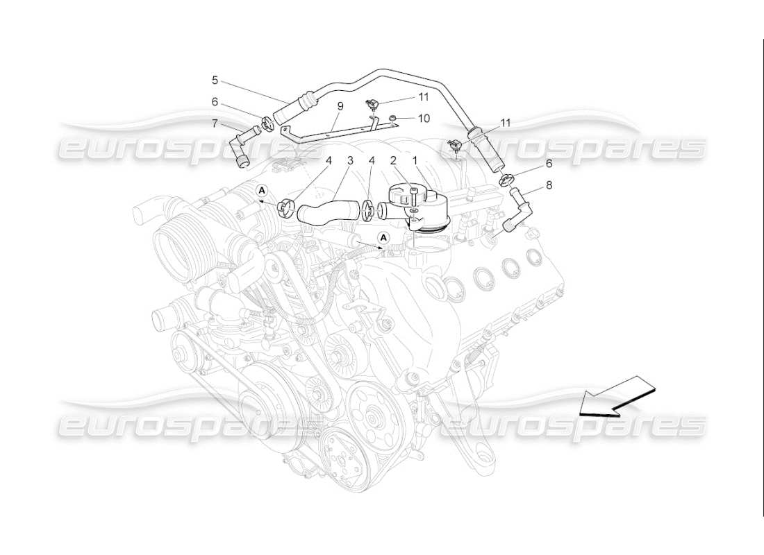 Maserati QTP. (2010) 4.7 auto système de recirculation des vapeurs d'huile Diagramme de pièce