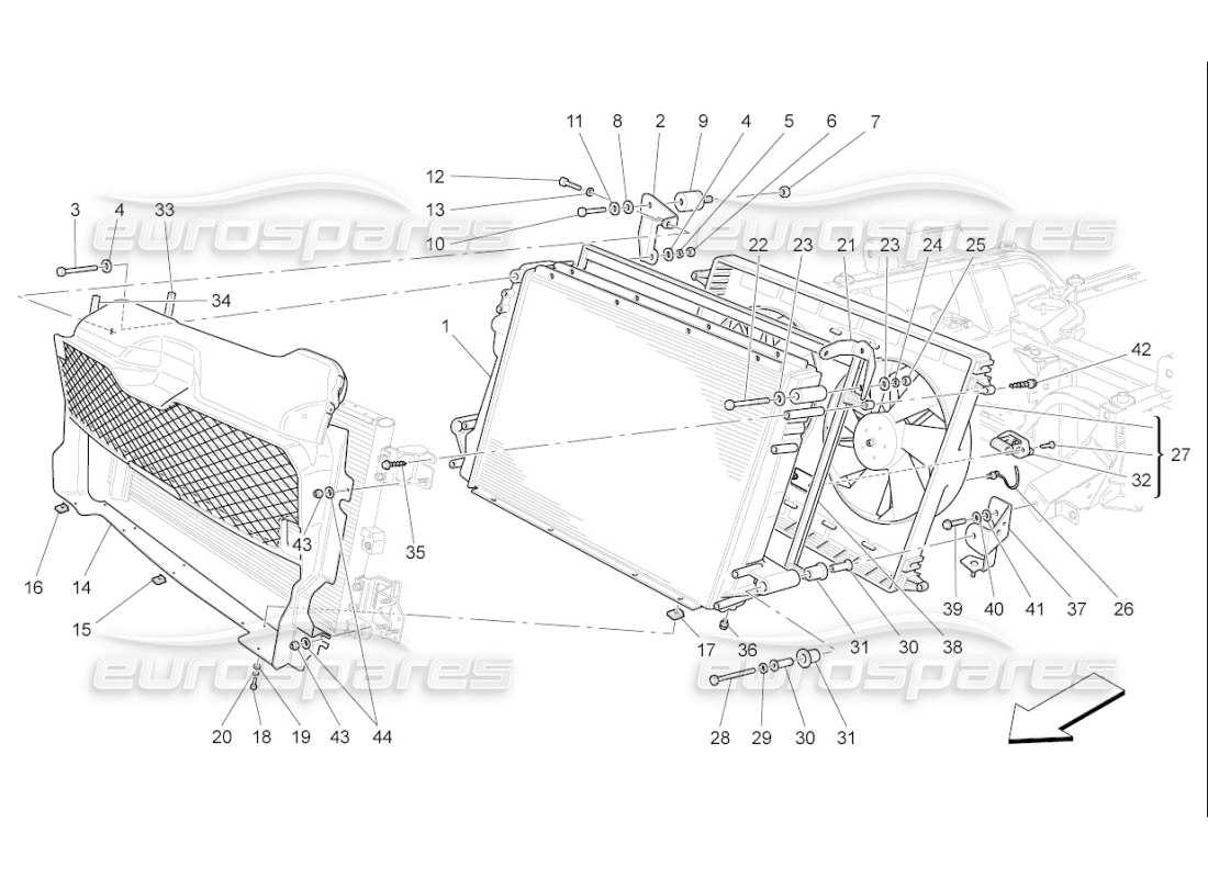 Maserati QTP. (2010) 4.7 auto refroidissement : radiateurs et conduits d'air Diagramme de pièce