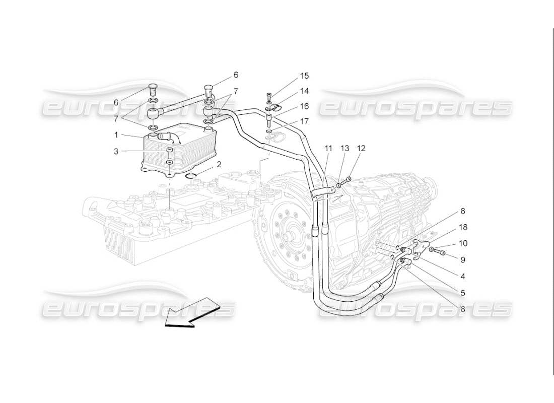 Maserati QTP. (2010) 4.7 auto lubrification et refroidissement de l'huile de boîte de vitesses Diagramme de pièce