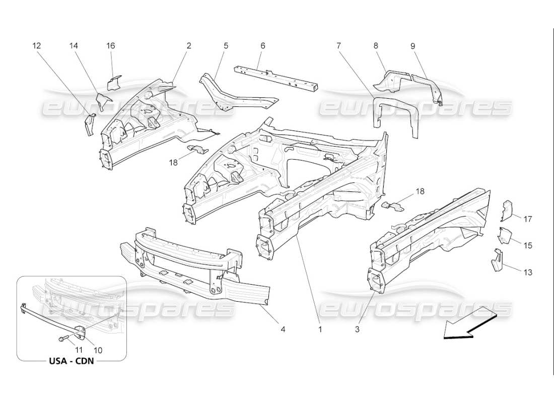 Maserati QTP. (2010) 4.7 auto CADRES STRUCTURELS AVANT ET PANNEAUX EN TÔLE Diagramme de pièce
