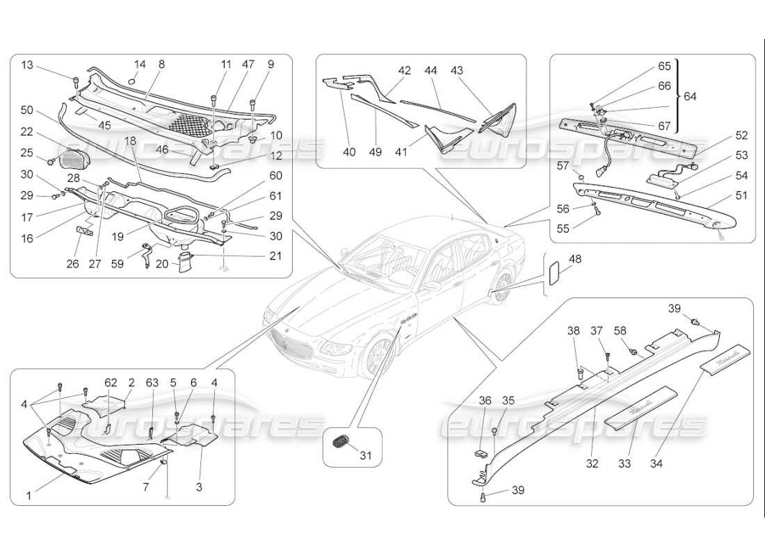 Maserati QTP. (2010) 4.7 auto boucliers, garnitures et panneaux de revêtement Diagramme de pièce