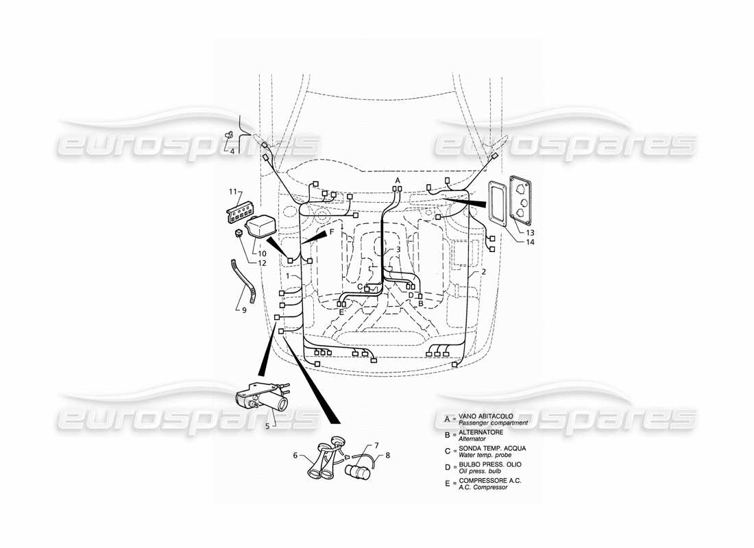 Maserati QTP V6 (1996) Système électrique : schéma des pièces du compartiment moteur (RHD)