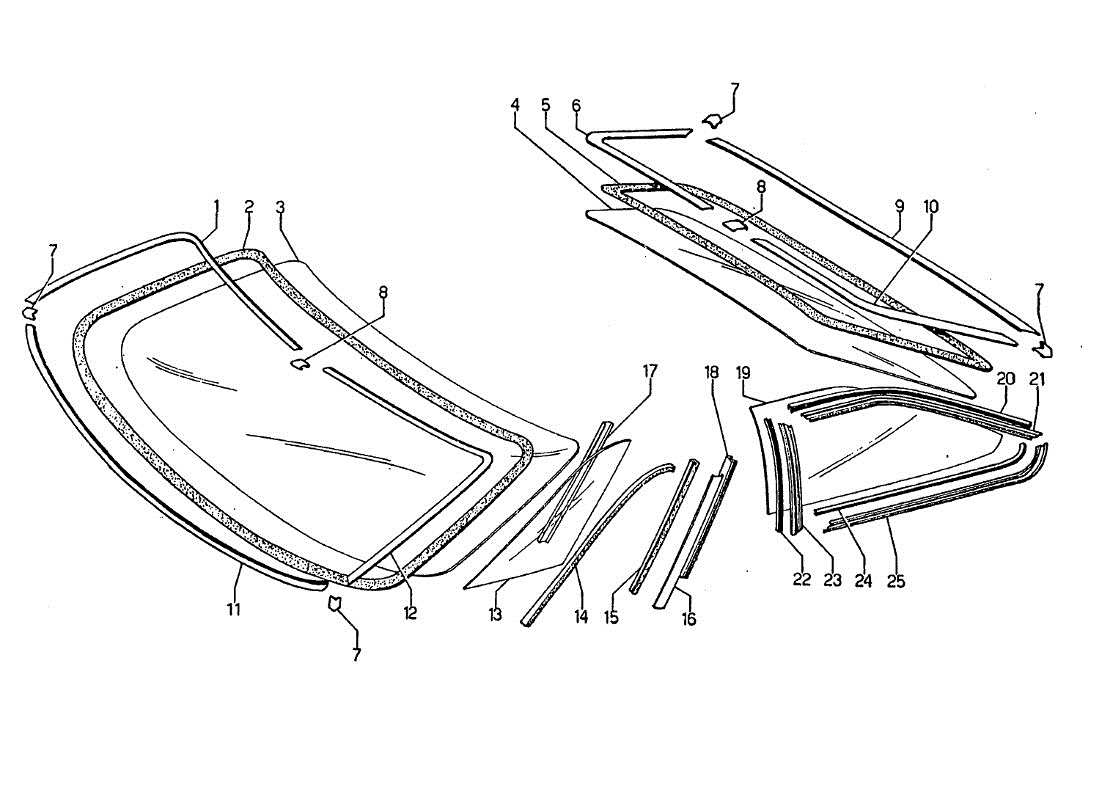 Lamborghini Jarama Lunettes de pare-brise latérales et arrière Schéma des pièces