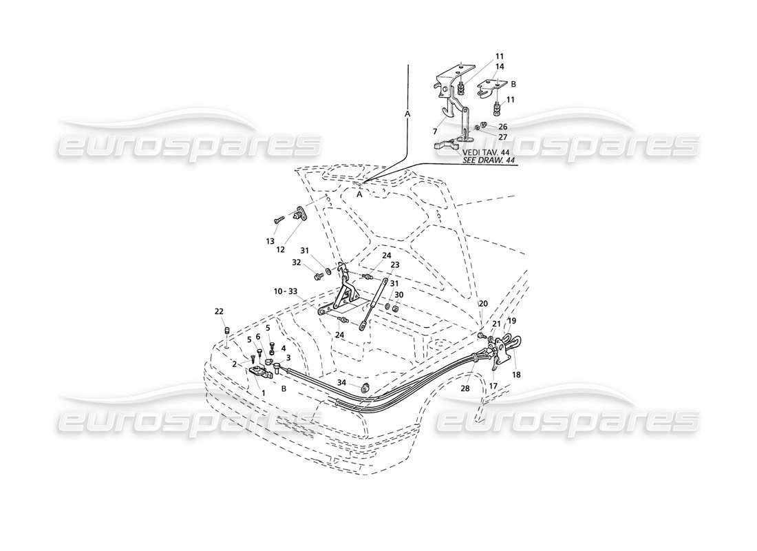 Maserati QTP V6 Evoluzione Capot : Charnières et déverrouillage du capot Diagramme de pièce