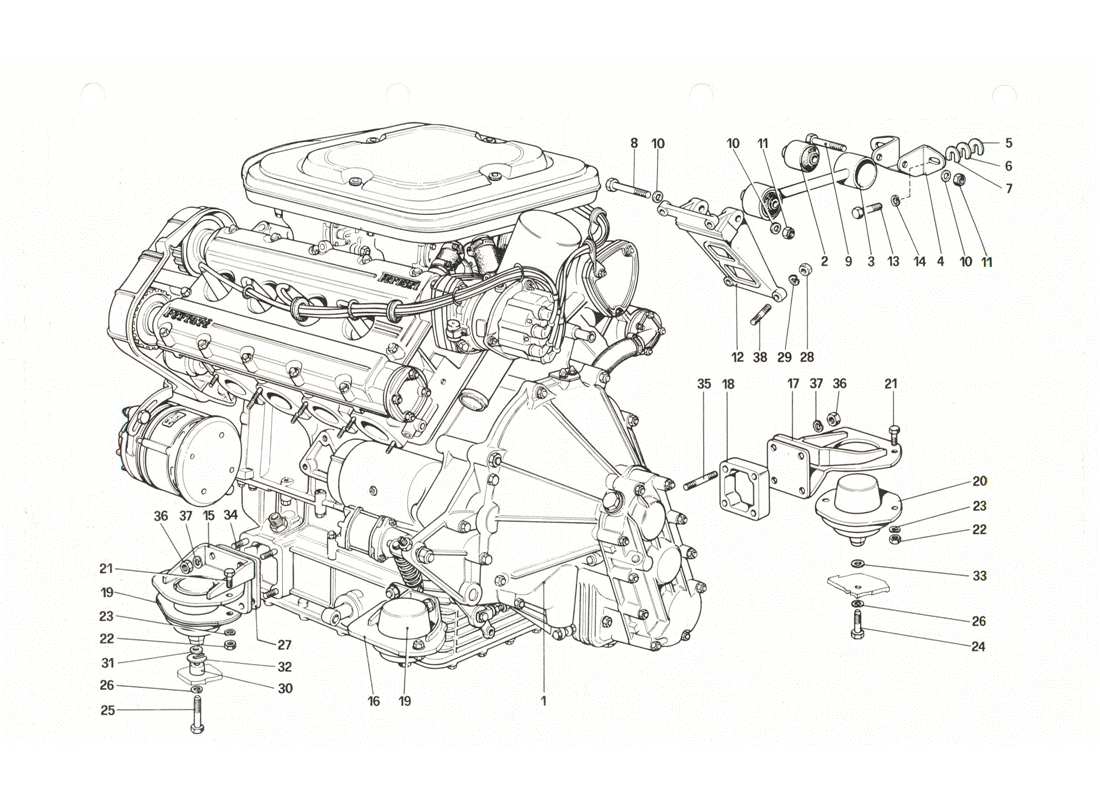 Ferrari 208 GTB GTS Moteur - Boîte de vitesses et supports Diagramme de pièce
