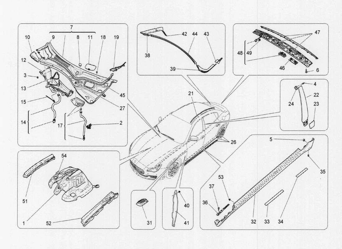 Maserati QTP. V6 3.0 TDS 275bhp 2017 boucliers, garnitures et panneaux de revêtement Diagramme de pièce